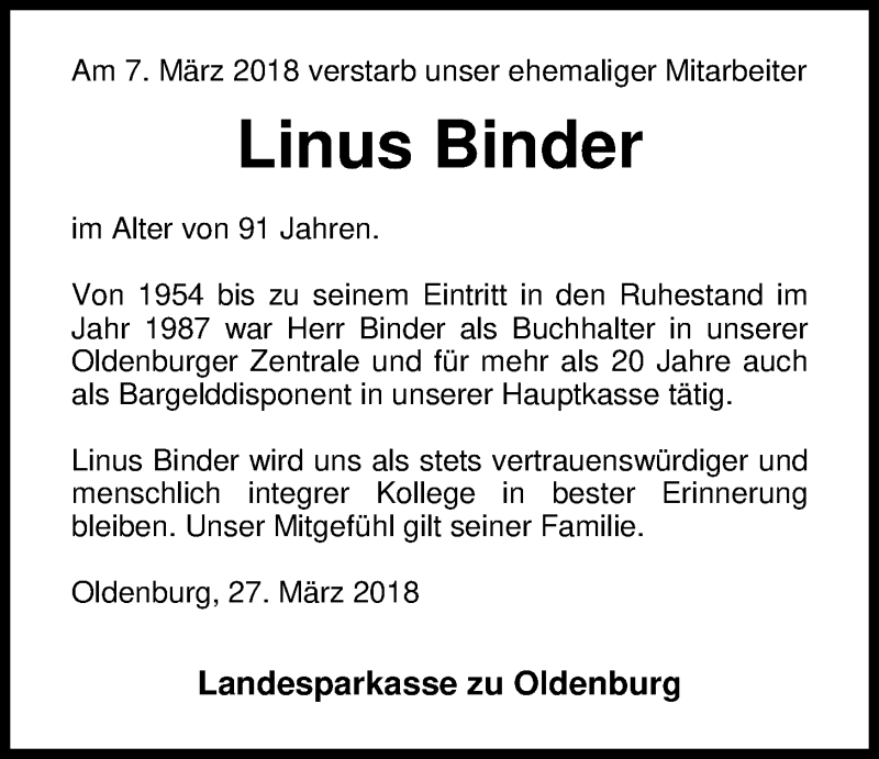  Traueranzeige für Linus Binder vom 27.03.2018 aus Nordwest-Zeitung