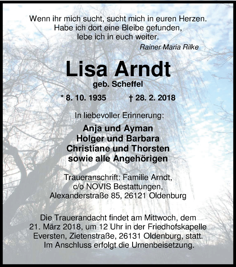  Traueranzeige für Lisa Arndt vom 10.03.2018 aus Nordwest-Zeitung