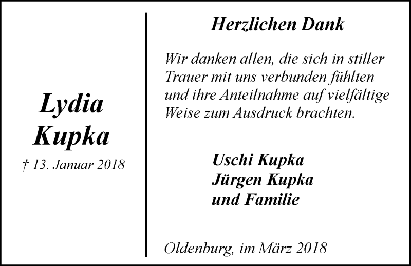  Traueranzeige für Lydia Kupka vom 03.03.2018 aus Nordwest-Zeitung