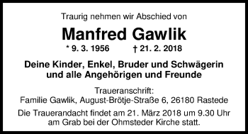 Traueranzeige von Manfred Gawlik von Nordwest-Zeitung