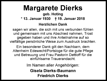Traueranzeige von Margarete Dierks von Nordwest-Zeitung
