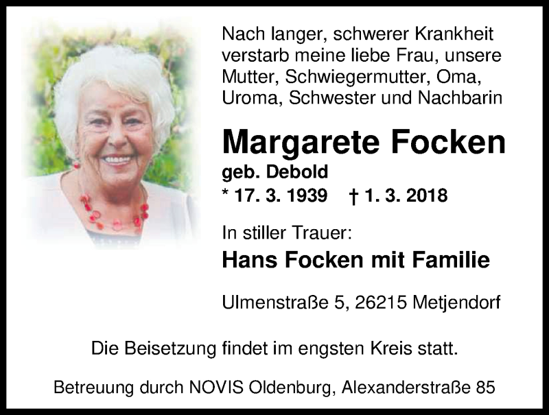 Traueranzeige für Margarete Focken vom 07.03.2018 aus Nordwest-Zeitung