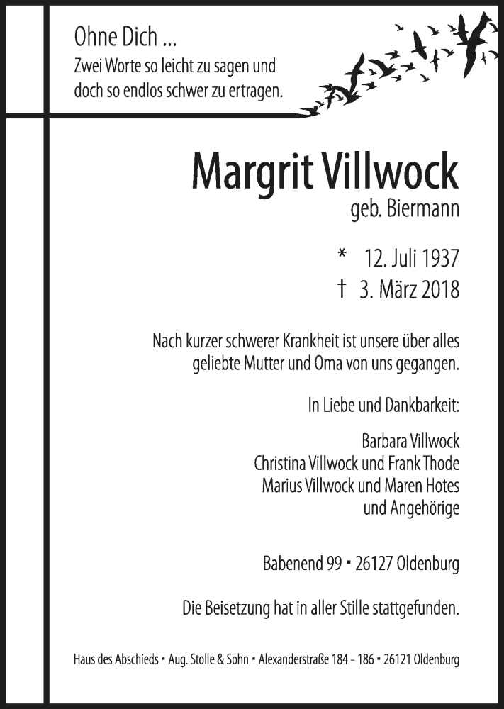  Traueranzeige für Margrit Villwock vom 10.03.2018 aus Nordwest-Zeitung