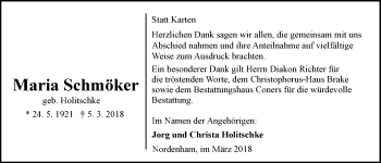 Traueranzeige von Maria Schmöker von Nordwest-Zeitung