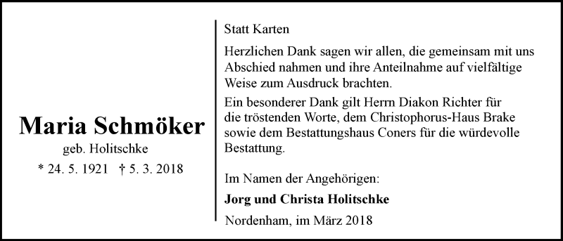  Traueranzeige für Maria Schmöker vom 28.03.2018 aus Nordwest-Zeitung