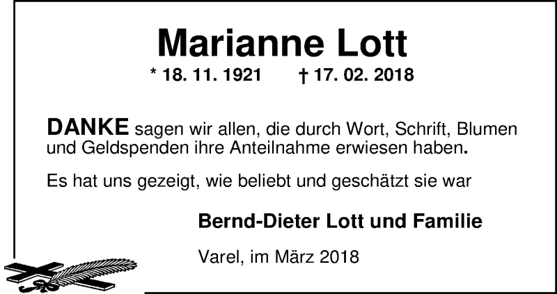  Traueranzeige für Marianne Lott vom 26.03.2018 aus Nordwest-Zeitung
