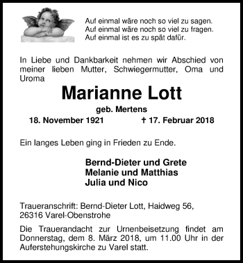 Traueranzeige von Marianne Lott von Nordwest-Zeitung