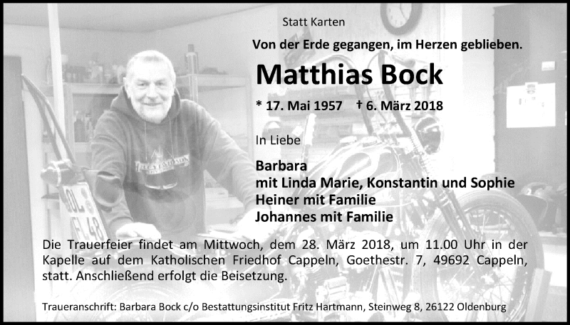  Traueranzeige für Matthias Bock vom 24.03.2018 aus Nordwest-Zeitung