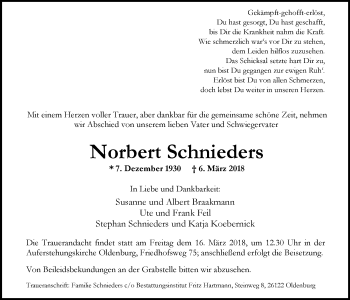 Traueranzeige von Norbert Schnieders von Nordwest-Zeitung