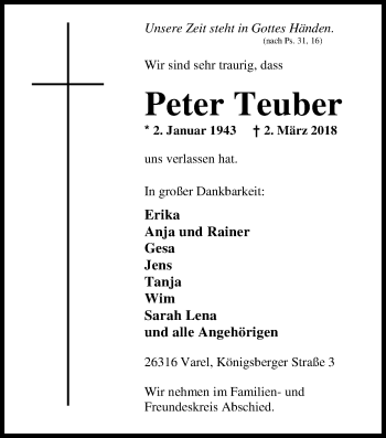 Traueranzeige von Peter Teuber von Nordwest-Zeitung