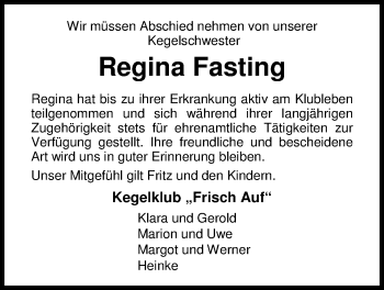 Traueranzeige von Regina Fasting von Nordwest-Zeitung