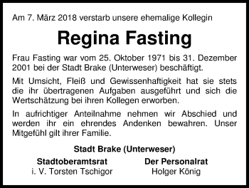 Traueranzeige von Regina Fasting von Nordwest-Zeitung