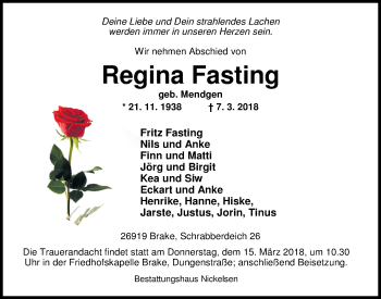 Traueranzeige von Regina Fasting von Nordwest-Zeitung
