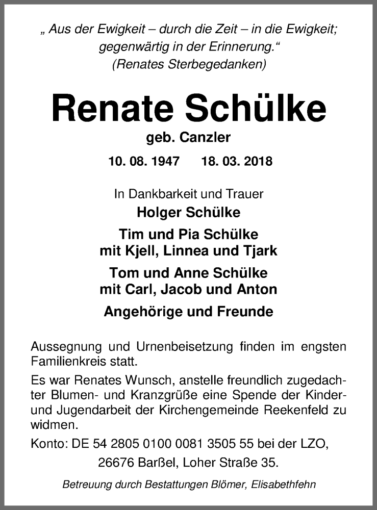  Traueranzeige für Renate Schülke vom 20.03.2018 aus Nordwest-Zeitung