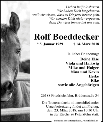 Traueranzeige von Rolf Boeddecker von Nordwest-Zeitung