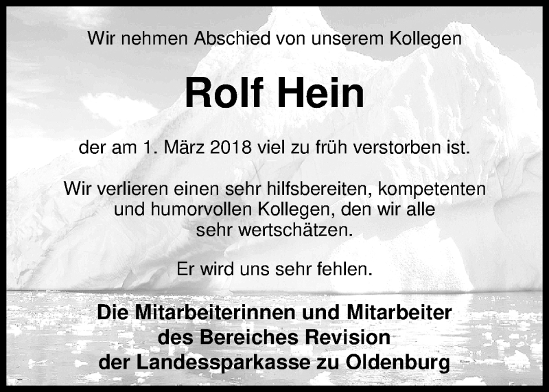  Traueranzeige für Rolf Hein vom 07.03.2018 aus Nordwest-Zeitung