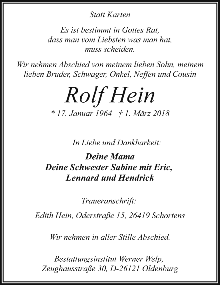  Traueranzeige für Rolf Hein vom 07.03.2018 aus Nordwest-Zeitung