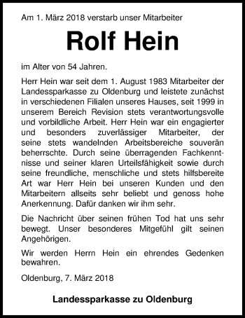 Traueranzeige von Rolf Hein von Nordwest-Zeitung