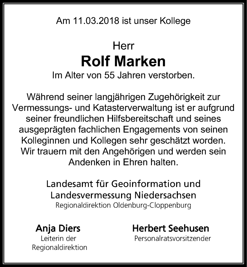  Traueranzeige für Rolf Marken vom 16.03.2018 aus Nordwest-Zeitung