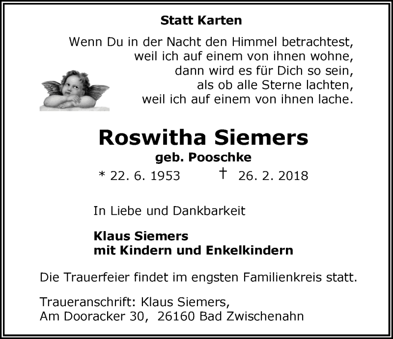  Traueranzeige für Roswitha Siemers vom 03.03.2018 aus Nordwest-Zeitung
