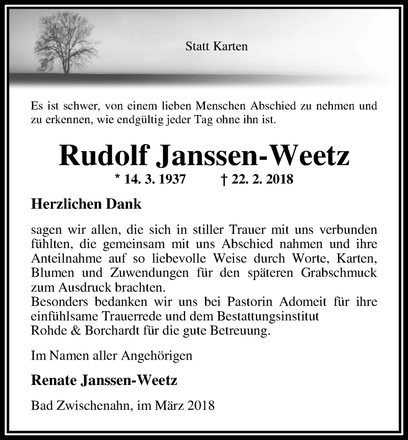  Traueranzeige für Rudolf Janssen-Weetz vom 31.03.2018 aus Nordwest-Zeitung