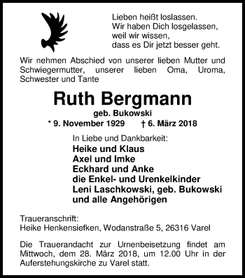 Traueranzeige von Ruth Bergmann von Nordwest-Zeitung