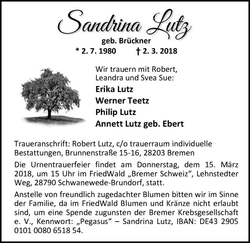 Traueranzeige für Sandrina Lutz vom 10.03.2018 aus Nordwest-Zeitung