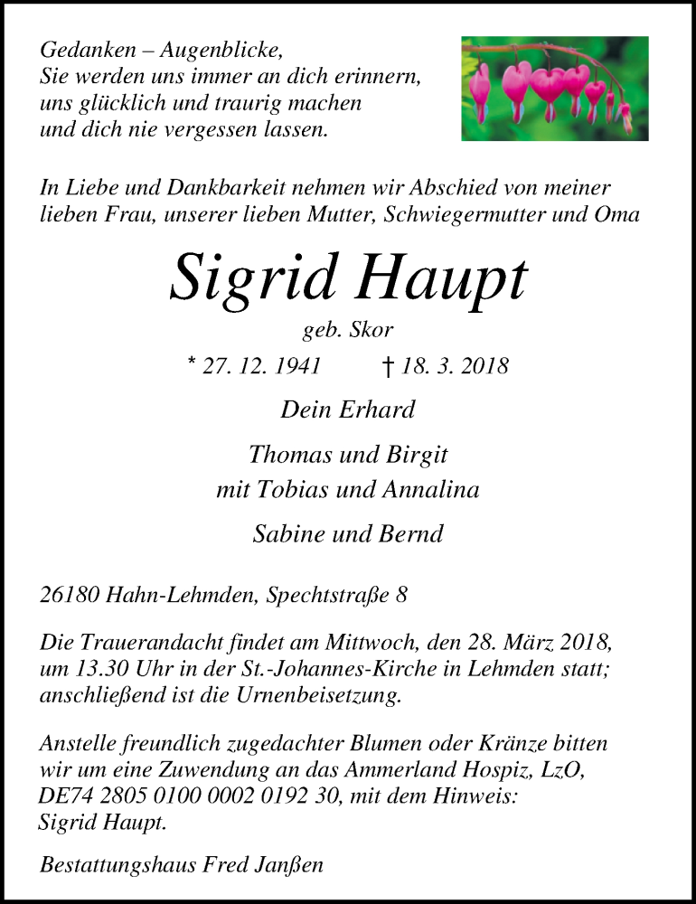  Traueranzeige für Sigrid Haupt vom 21.03.2018 aus Nordwest-Zeitung