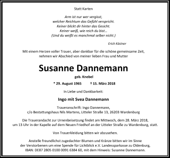 Traueranzeige von Susanne Dannemann von Nordwest-Zeitung