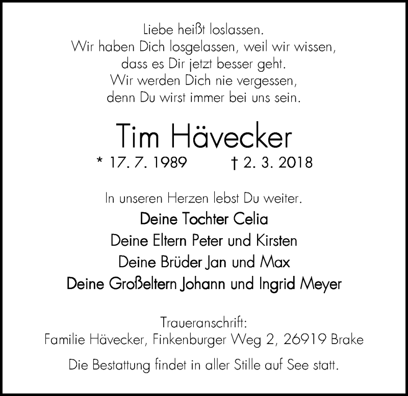  Traueranzeige für Tim Hävecker vom 05.03.2018 aus Nordwest-Zeitung