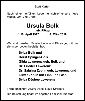 Traueranzeige von Ursula Bolk von Nordwest-Zeitung