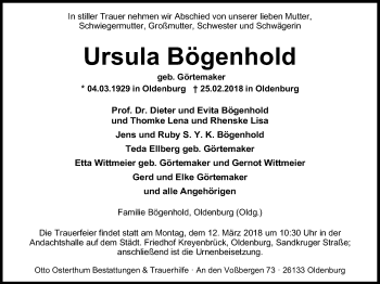 Traueranzeige von Ursula Bögenhold von Nordwest-Zeitung