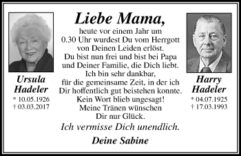 Traueranzeige von Ursula Hadeler von Nordwest-Zeitung