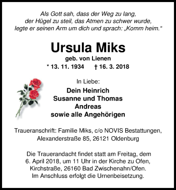 Traueranzeige von Ursula Miks von Nordwest-Zeitung