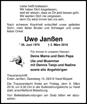 Traueranzeige von Uwe Janßen von Nordwest-Zeitung