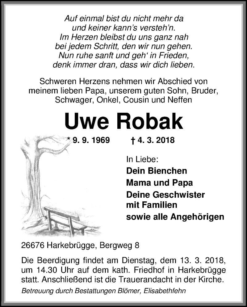  Traueranzeige für Uwe Robak vom 08.03.2018 aus Nordwest-Zeitung