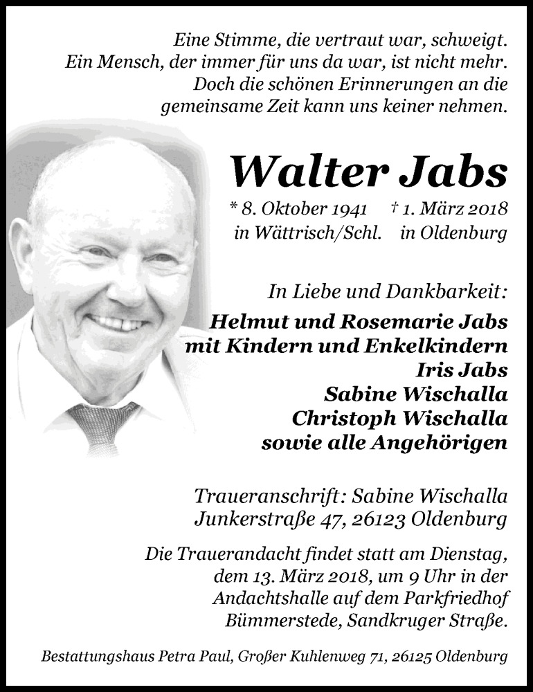  Traueranzeige für Walter Jabs vom 10.03.2018 aus Nordwest-Zeitung