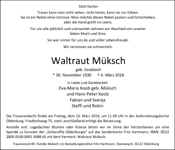 Traueranzeige von Waltraut Müksch von Nordwest-Zeitung