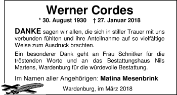 Traueranzeige von Werner Cordes von Nordwest-Zeitung