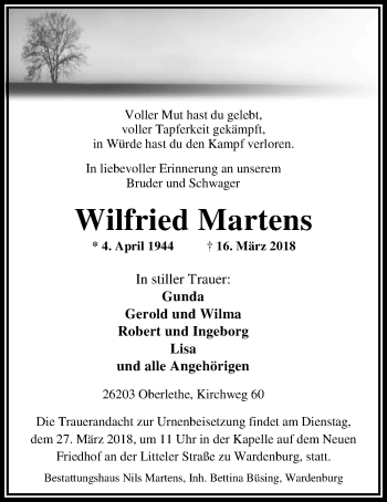 Traueranzeige von Wilfried Martens von Nordwest-Zeitung