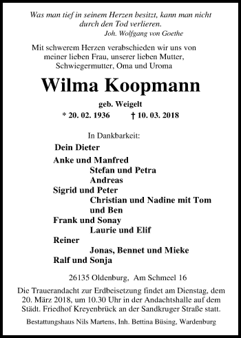 Traueranzeige von Wilma Koopmann von Nordwest-Zeitung