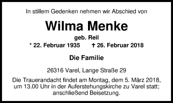 Traueranzeige von Wilma Menke von Nordwest-Zeitung