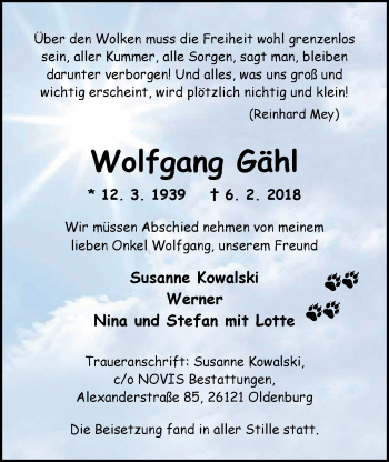 Traueranzeige von Wolfgang Gähl von Nordwest-Zeitung