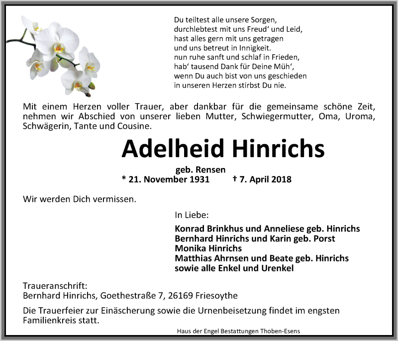  Traueranzeige für Adelheid Hinrichs vom 16.04.2018 aus Nordwest-Zeitung