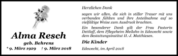 Traueranzeige von Alma Resch von Nordwest-Zeitung