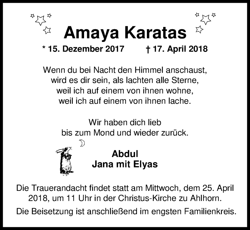  Traueranzeige für Amaya Karatas vom 23.04.2018 aus Nordwest-Zeitung