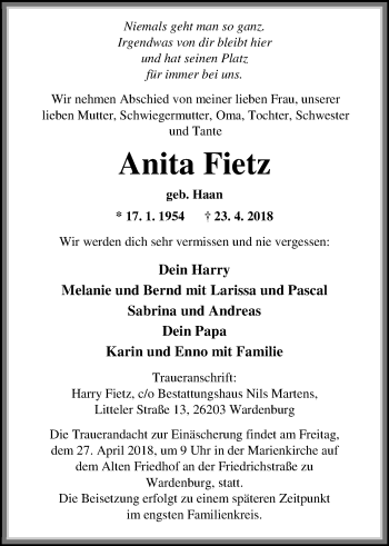 Traueranzeige von Anita Fietz von Nordwest-Zeitung