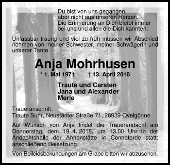 Traueranzeige von Anja Mohrhusen von Nordwest-Zeitung