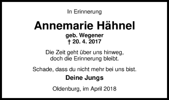 Traueranzeige von Annemarie Hähnel von Nordwest-Zeitung