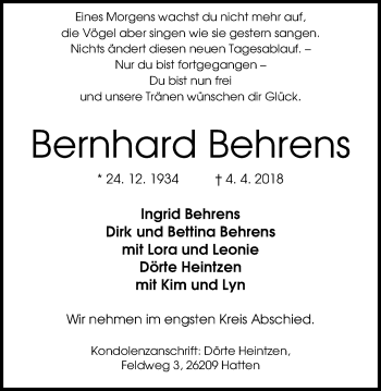 Traueranzeige von Berhard Behrens von Nordwest-Zeitung
